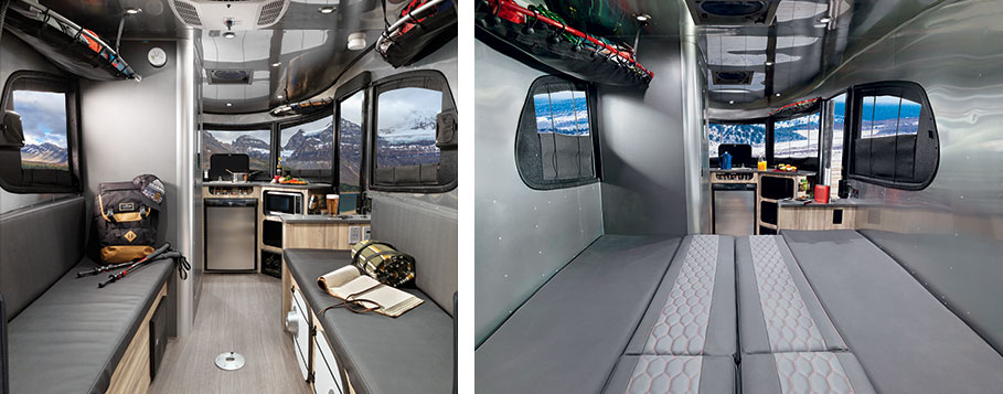 Airstream Basecamp lounge area with gray benches The Basecamp with a view of the bench seating and another view showing the sleeping configuration.