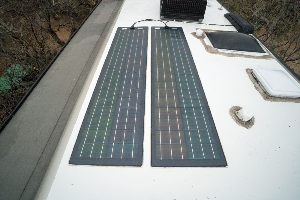 solar panels mounted on the roof of an RV