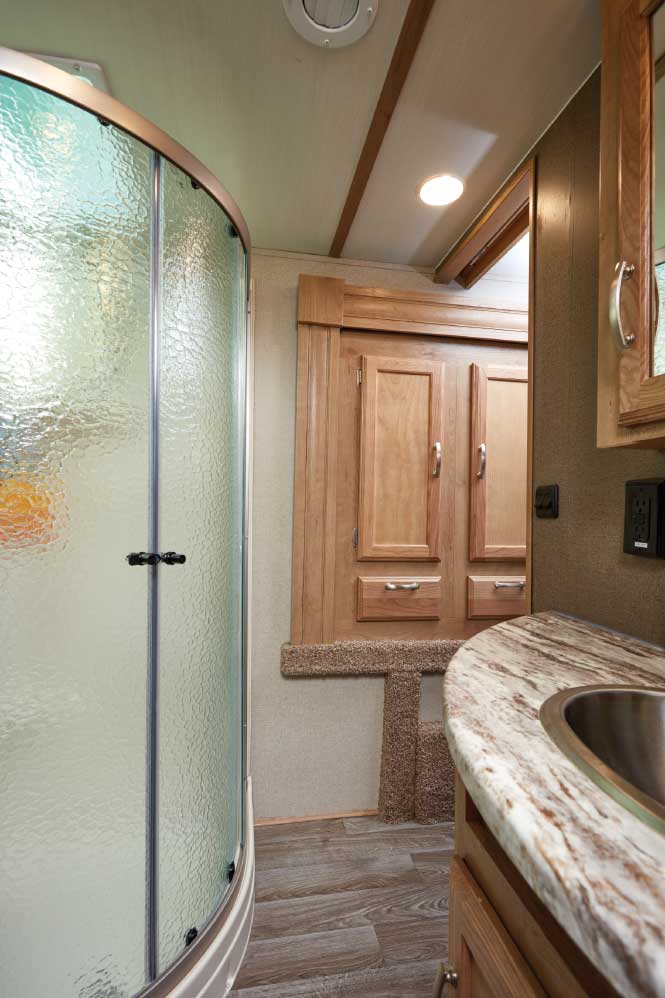 Photo of Winnebago Minnie Plus 29RBH fifth wheel trailer interior, bathroom