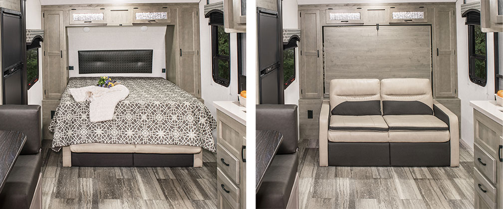 Sonic X Murphy bed, down and up. Two views showing Murphy bed down on left and up on right.