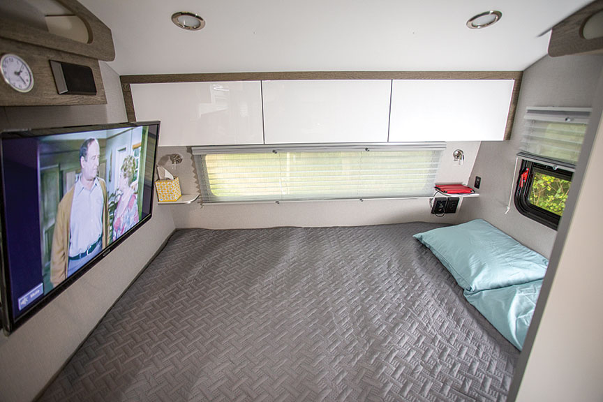 2020 inTech Sol Horizon bedroom Bed with TV at end in inTech Sol Horizon trailer