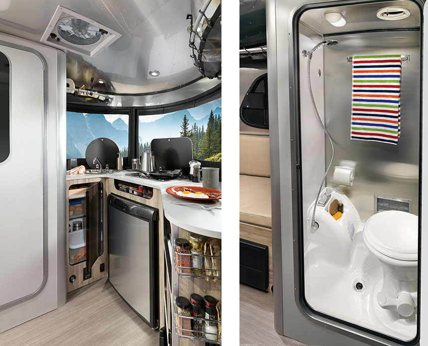 Two views inside the Airstream Basecamp View of galley and view of wet bath in Basecamp.