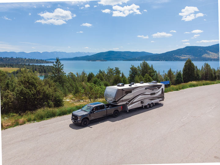 truck towing fifth wheel RV in Montana by Montana's Flathead Lake