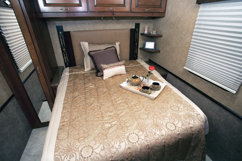 Fleetwood Excursion 33A bedroom The rear bedroom has a 60-by-75-inch bed with adequate walk-around space of 23 inches curbside and 12 inches streetside.