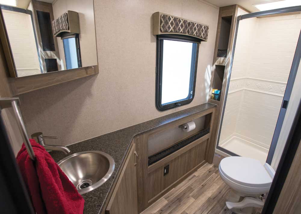 Huge bathroom is an unexpected feature. Shower is roomy, but narrow counter is on the small side.