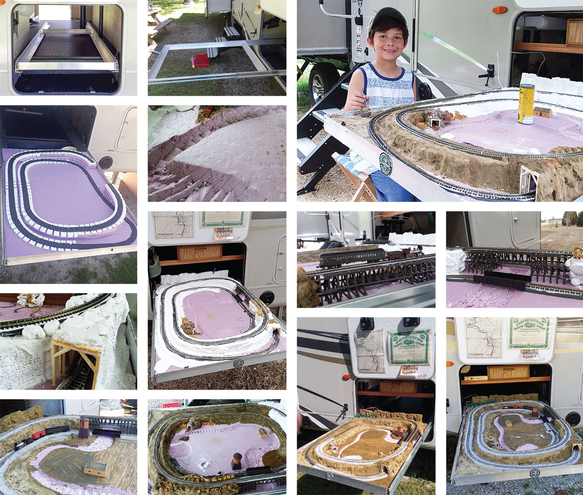Steve Knoederer's model-railroad project photo collage Collage of Steve Knoederer's model train project with grandson in top right.
