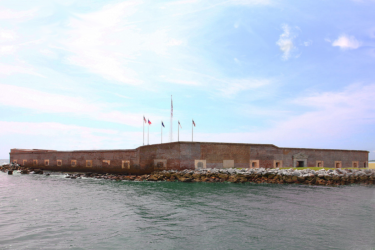 A fortification from the Civil War with flags flying overhead — truly a historic site.