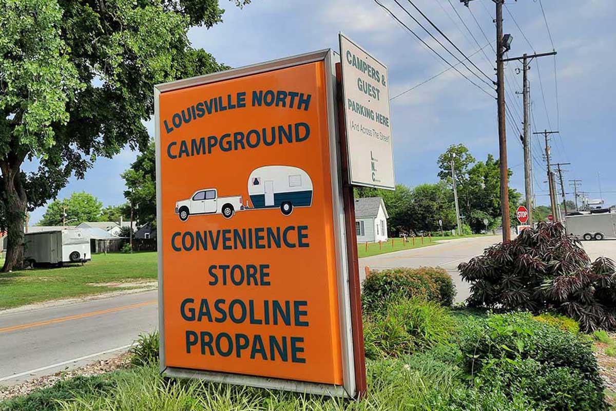 Orange sign for Louisville North Campground.